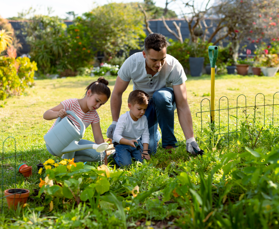 Father and two children gardening
